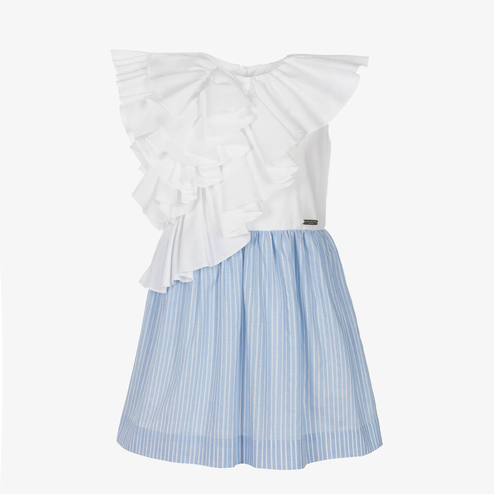 Jessie and James London - White & Blue Stripe Waterfall Ruffle Dress | Childrensalon
