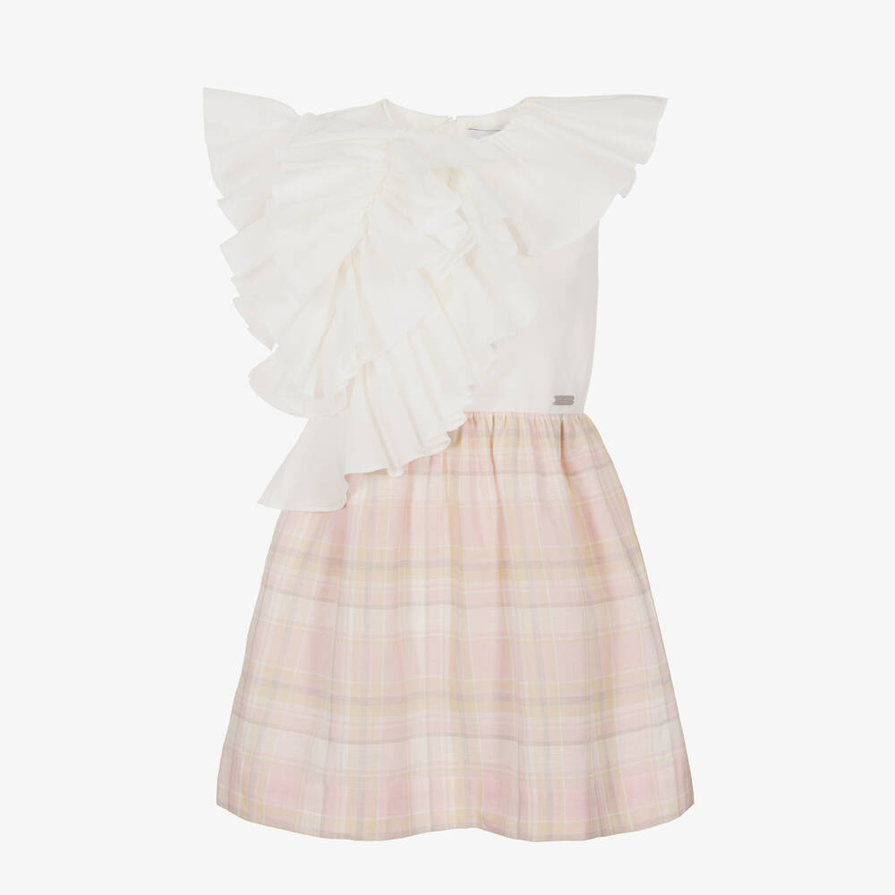 Jessie and James London - White & Pink Check Waterfall Ruffle Dress | Childrensalon