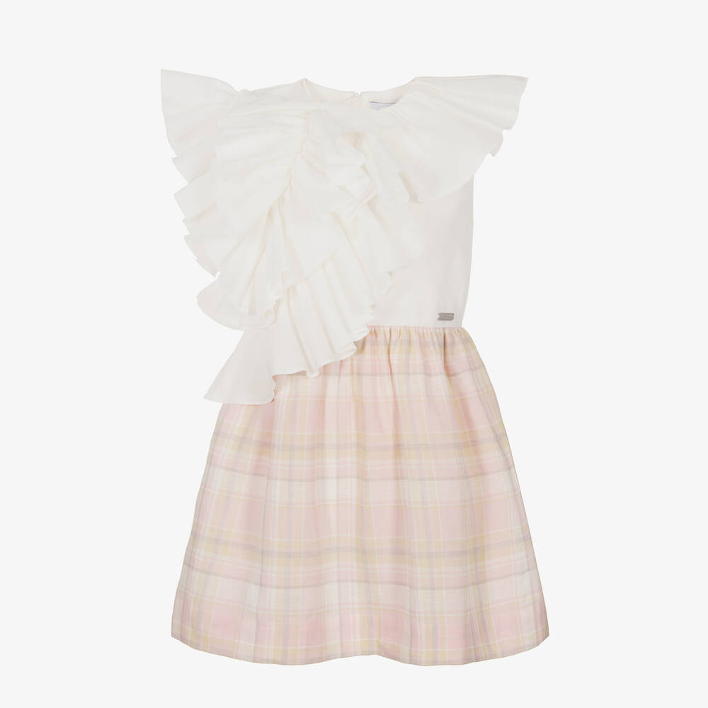 Jessie and James London-White & Pink Check Waterfall Ruffle Dress | Childrensalon Outlet