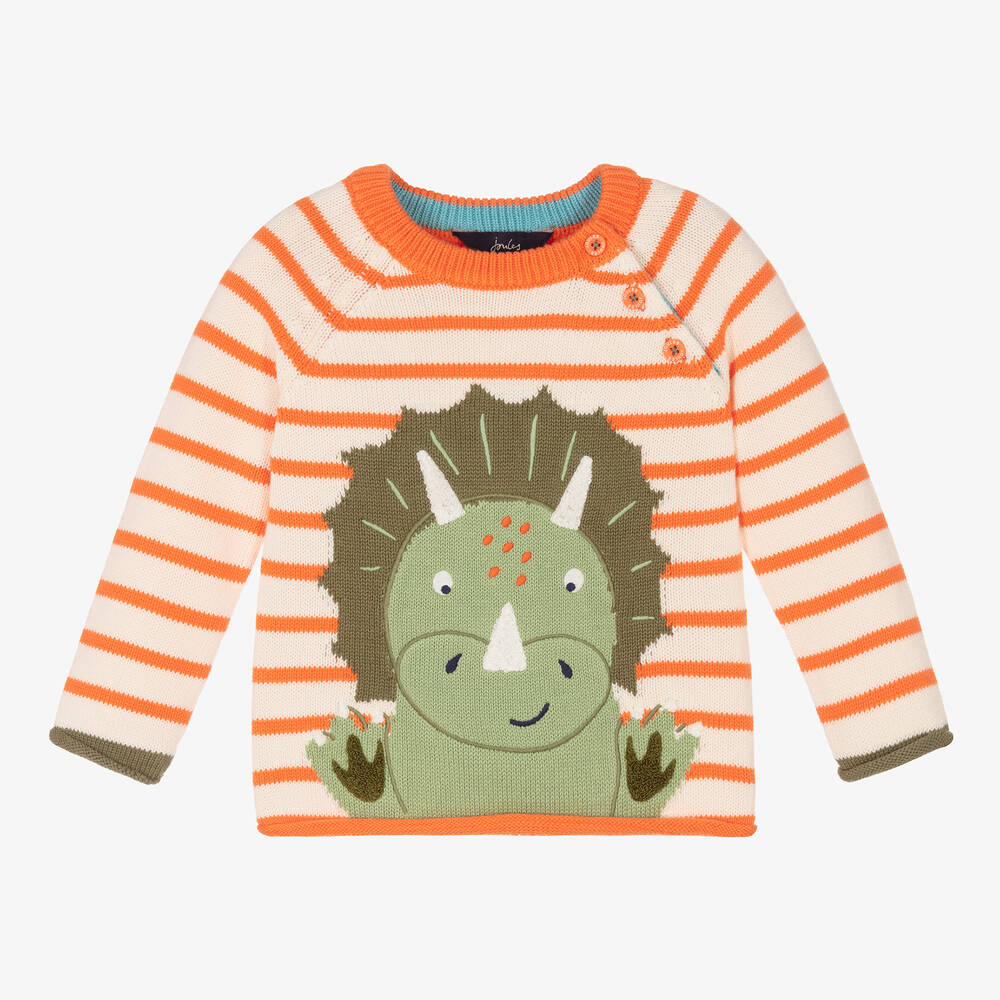 Joules - Baby Boys Orange Stripe Dinosaur Sweater | Childrensalon