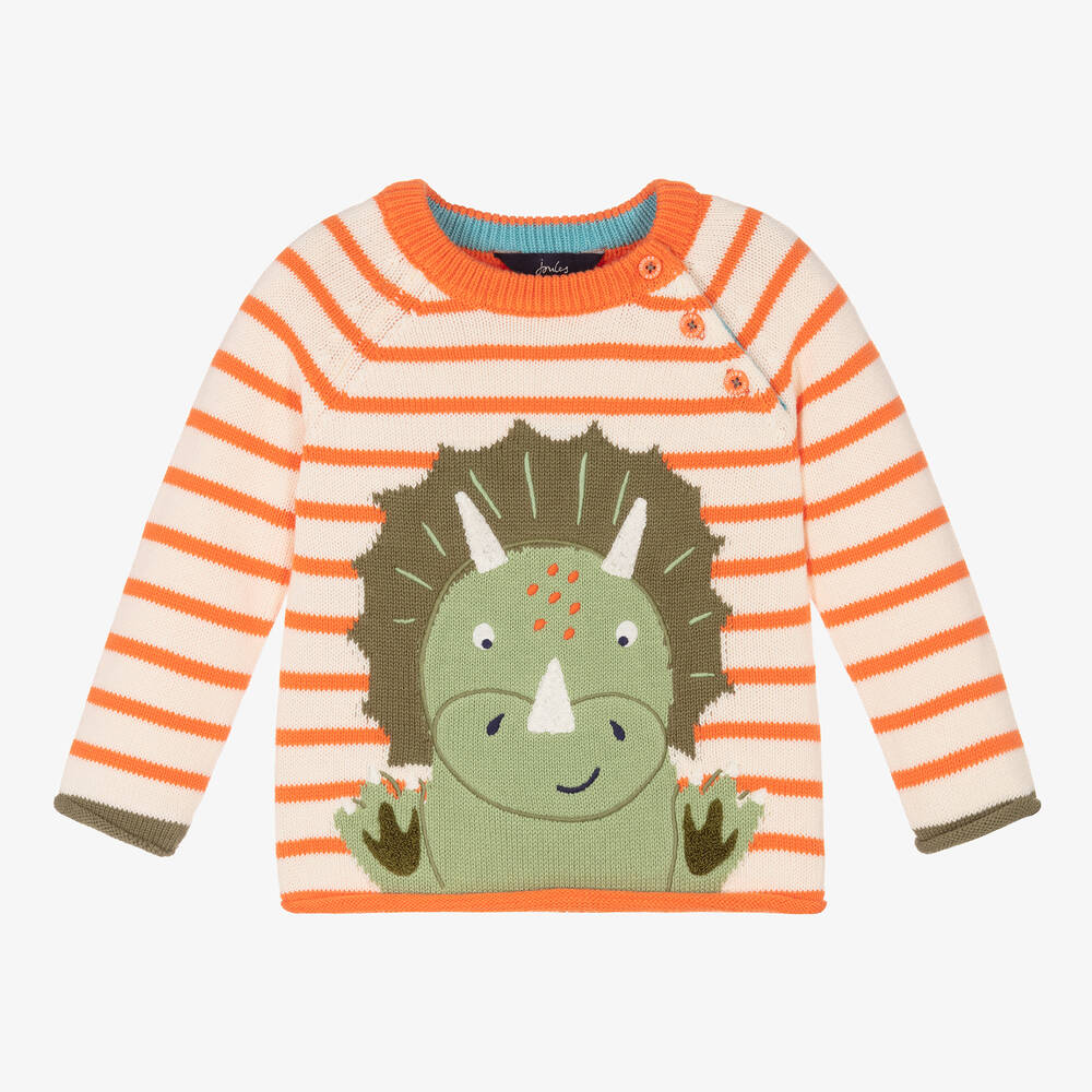 Joules - Pull orange rayé dinosaure bébé | Childrensalon