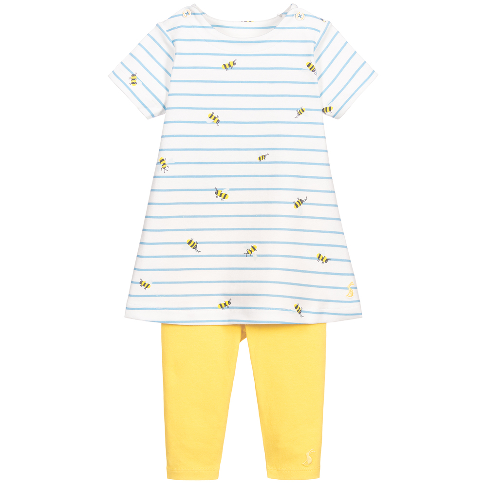 Joules - طقم فستان وليغنغز قطن عضوي لون أصفر وأبيض | Childrensalon