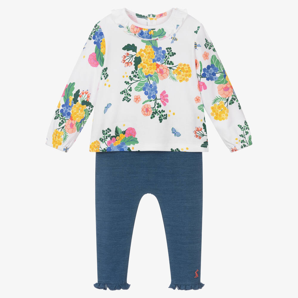 Joules Baby Girls White & Blue Cotton Legging Set Childrensalon Outlet