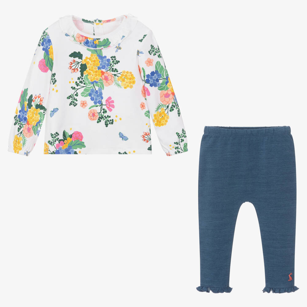 Joules Baby Girls White & Blue Cotton Legging Set Childrensalon Outlet