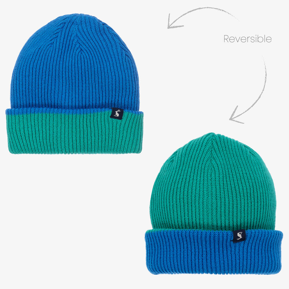 Joules - قبعة بوجهين قطن محبوك لون أزرق وأخضر للأولاد | Childrensalon