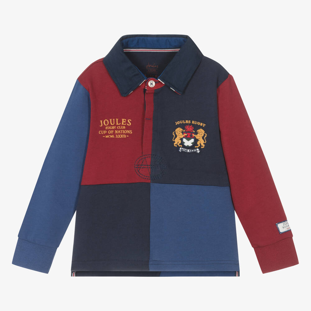 Joules - Boys Red & Blue Colourblock Rugby Top | Childrensalon