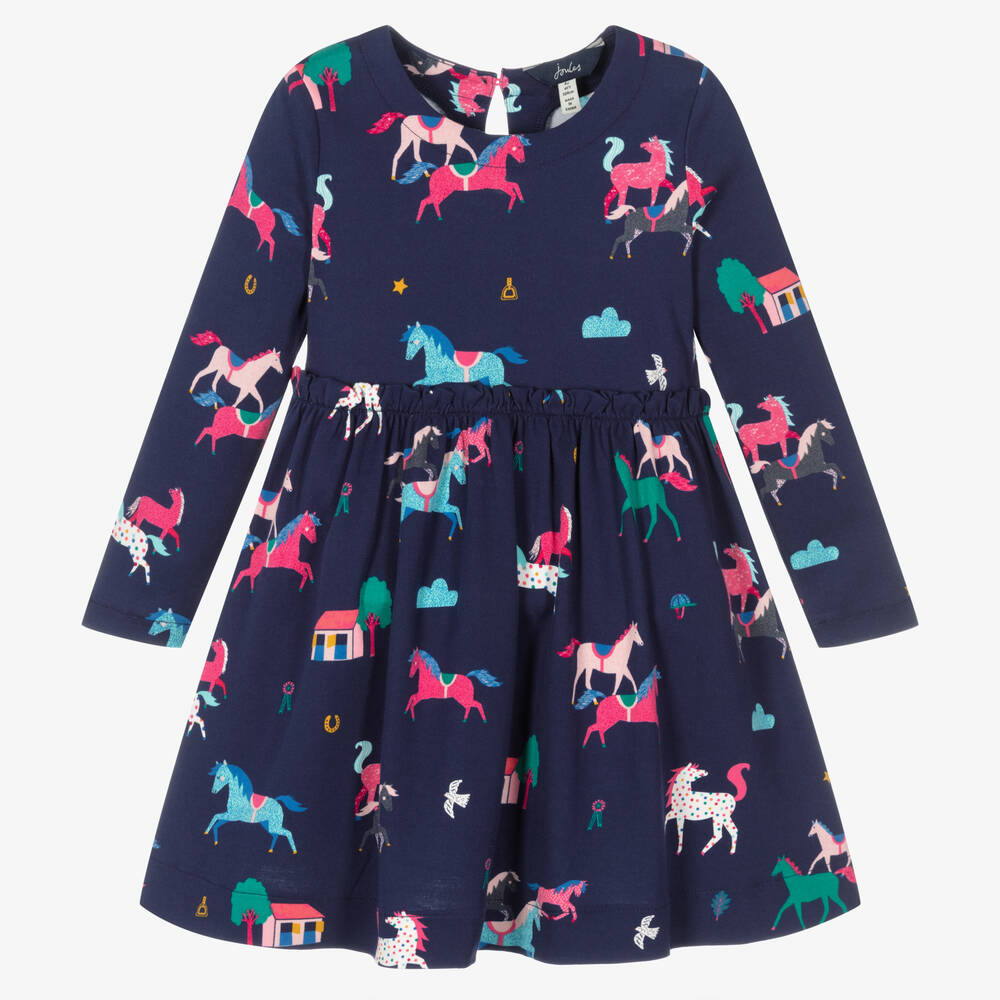 Joules - Синее хлопковое платье с лошадками для девочек | Childrensalon