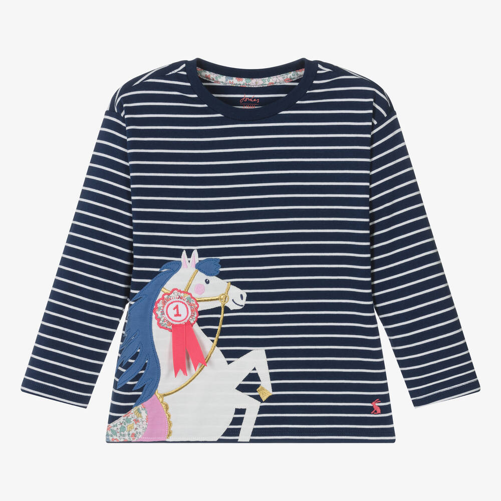 Joules - Girls Blue Striped Cotton Horse Top | Childrensalon