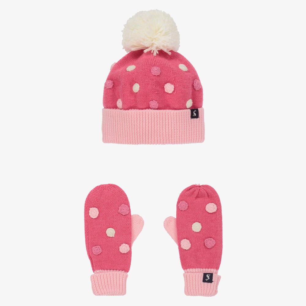Joules - Girls Pink Knitted Hat & Mittens Set | Childrensalon