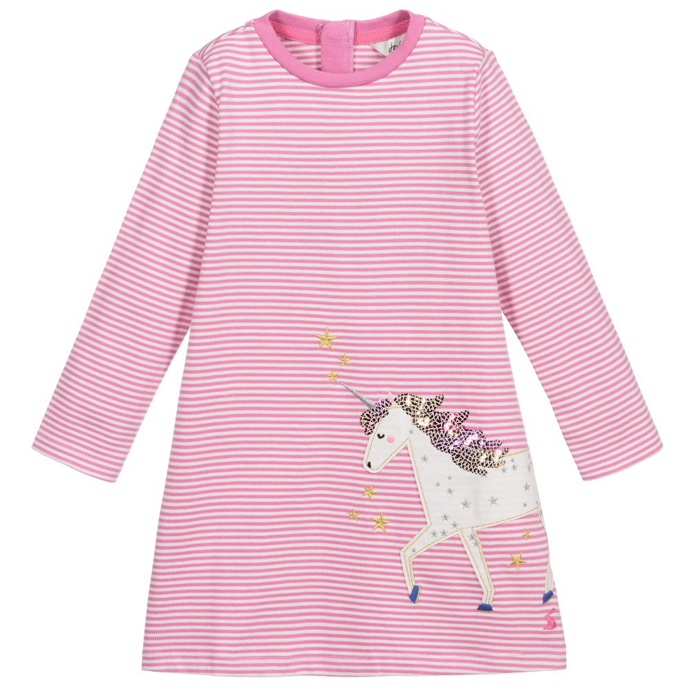 Joules - Rosa gestreiftes Kleid mit Einhorn | Childrensalon