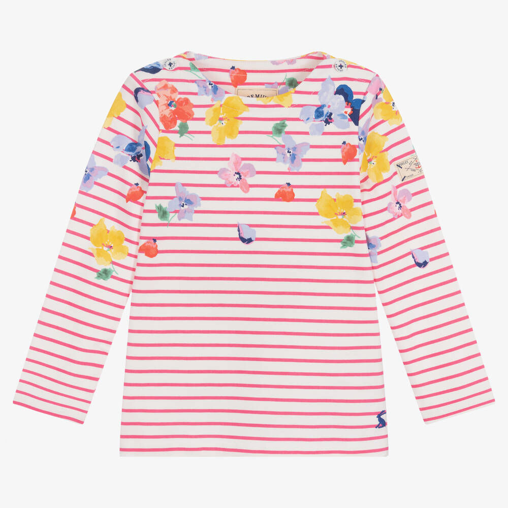 Joules - Girls White Cotton Floral Stripe T-Shirt | Childrensalon