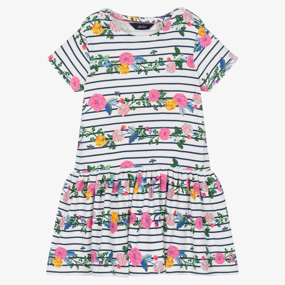 Joules - Girls White Cotton Striped Floral Dress | Childrensalon