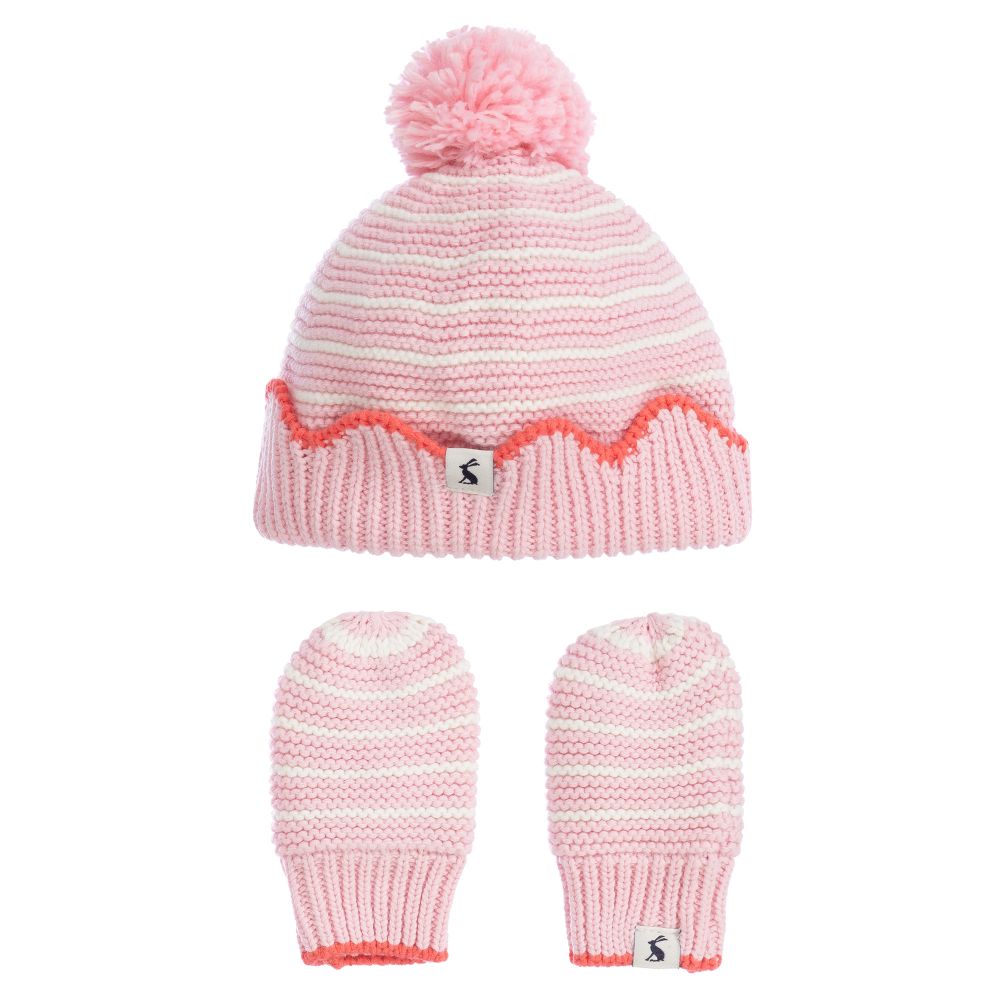 Joules - طقم قبعة وقفّازات قطن محبوك لون زهري وأبيض للمولودات | Childrensalon