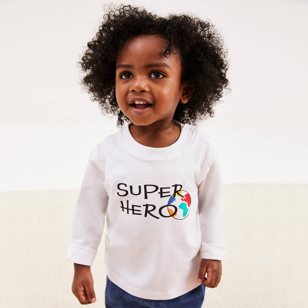 Joyday-Baby Boys White Cotton Super Hero Top | Childrensalon Outlet
