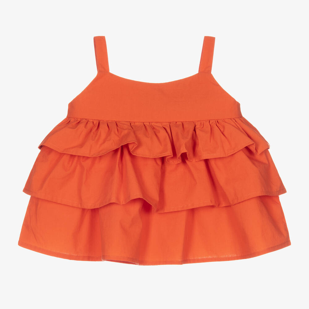 Joyday - Baby Girls Orange Cotton Ruffled Vest Top | Childrensalon