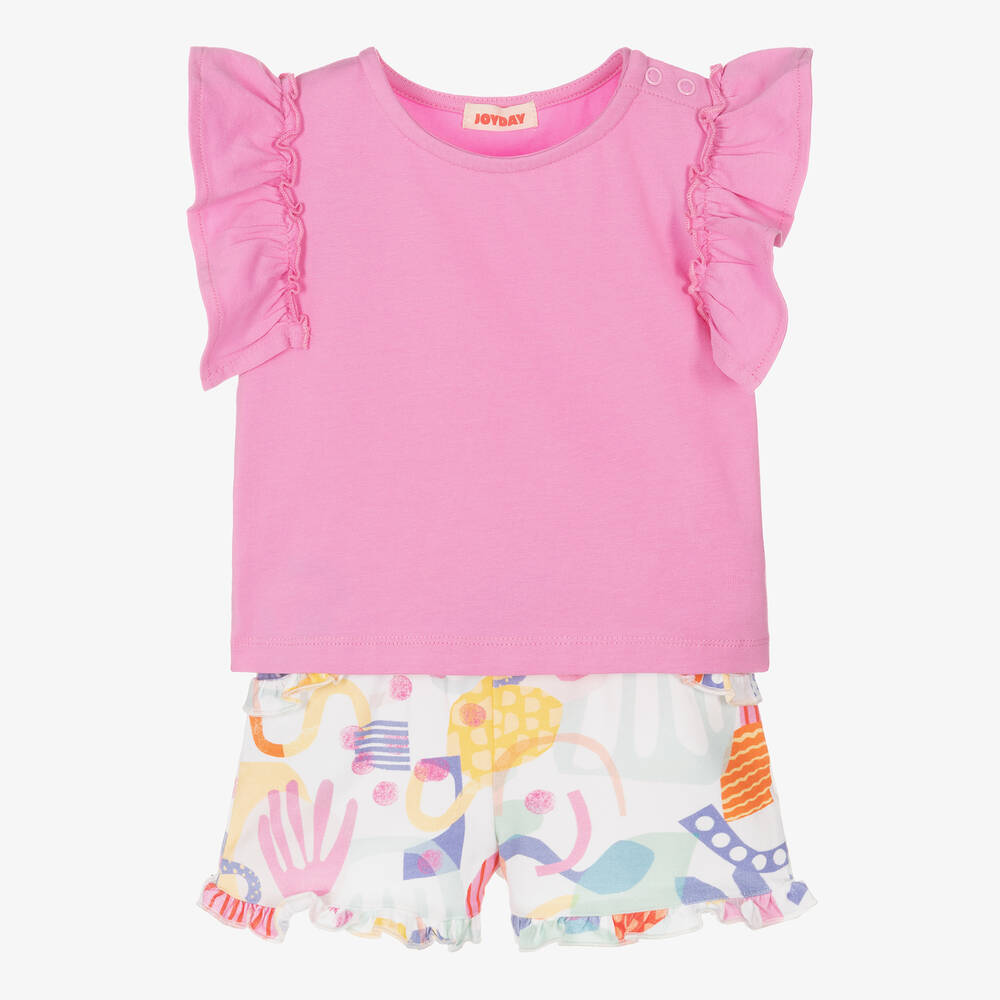 Joyday - Baby Girls Pink & White Cotton Shorts Set | Childrensalon