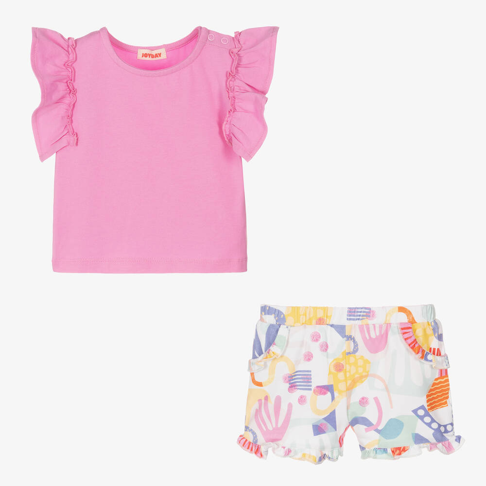 Joyday-طقم شورت أطفال بناتي قطن جيرسي لون زهري و أبيض | Childrensalon Outlet