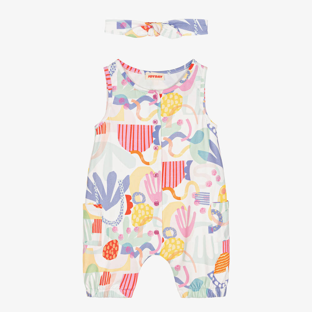 Joyday - Baby Girls White & Pink Cotton Playsuit Set | Childrensalon