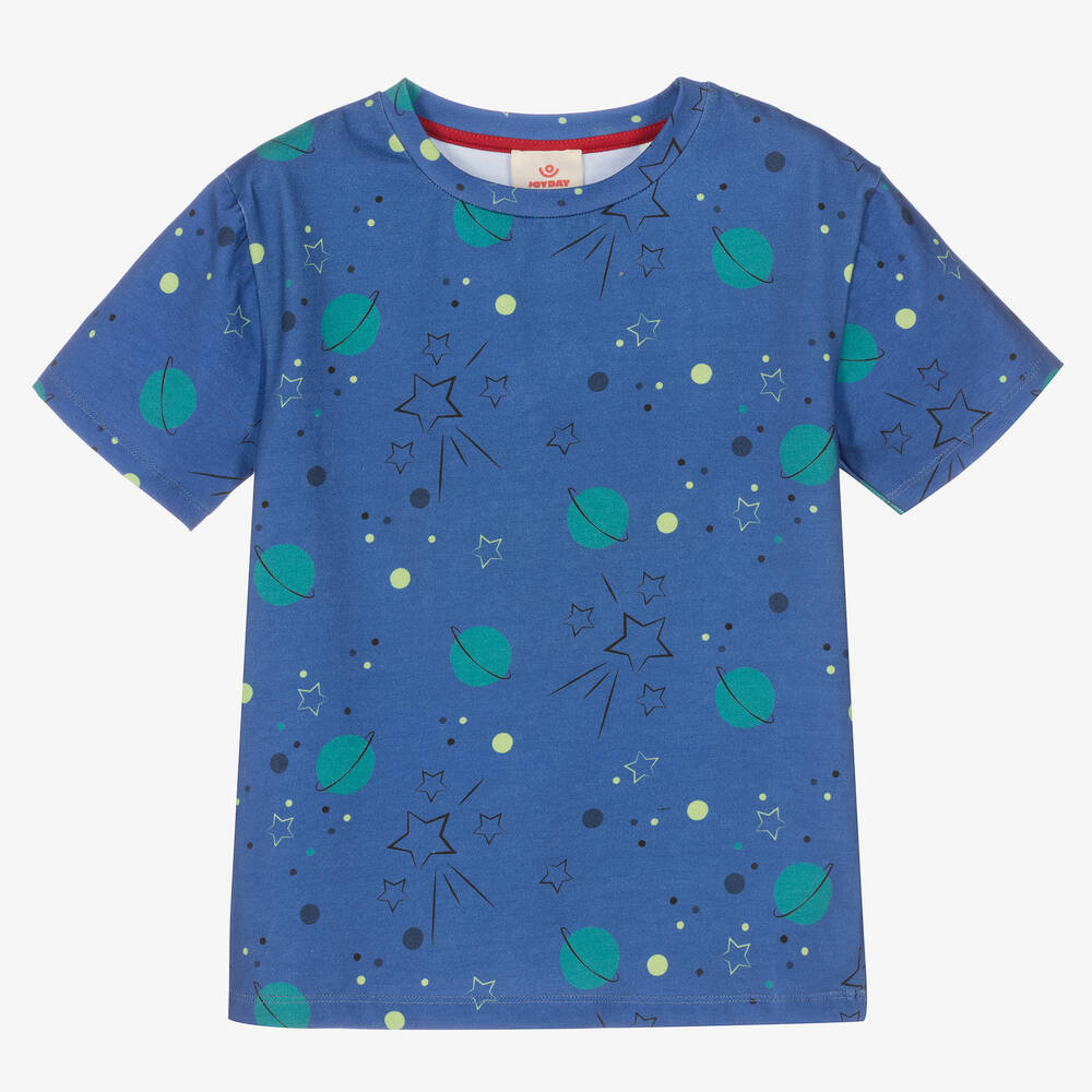 Joyday - T-shirt bleu en coton planète et etoiles | Childrensalon