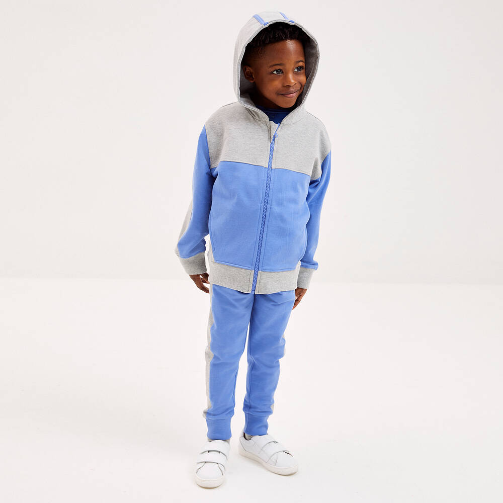 Joyday-توب هودي بسحّاب قطن جيرسي لون أزرق ورمادي بلوك | Childrensalon Outlet