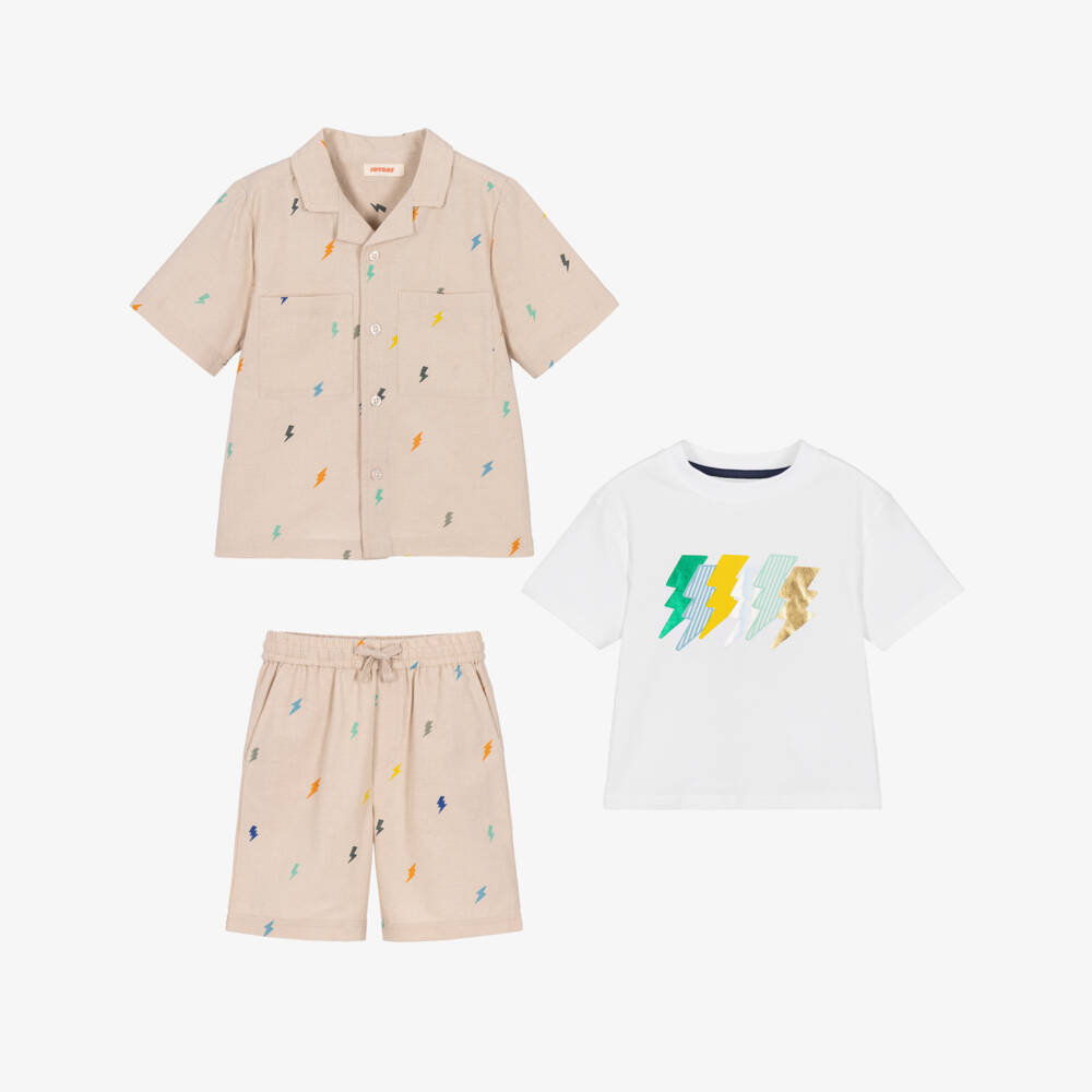 Joyday-Boys Beige Bolt Print Shorts Outfit | Childrensalon Outlet