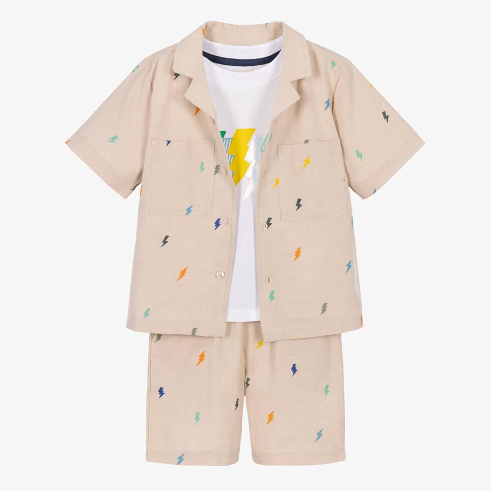 Joyday-Boys Beige Bolt Print Shorts Outfit | Childrensalon Outlet