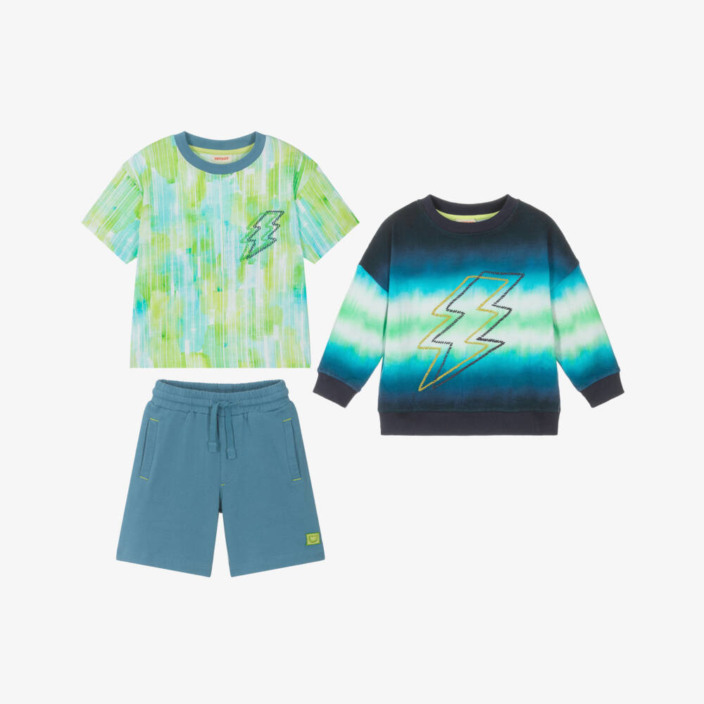 Joyday-Boys Blue & Green Cotton Lightning Bolt Shorts Set | Childrensalon Outlet