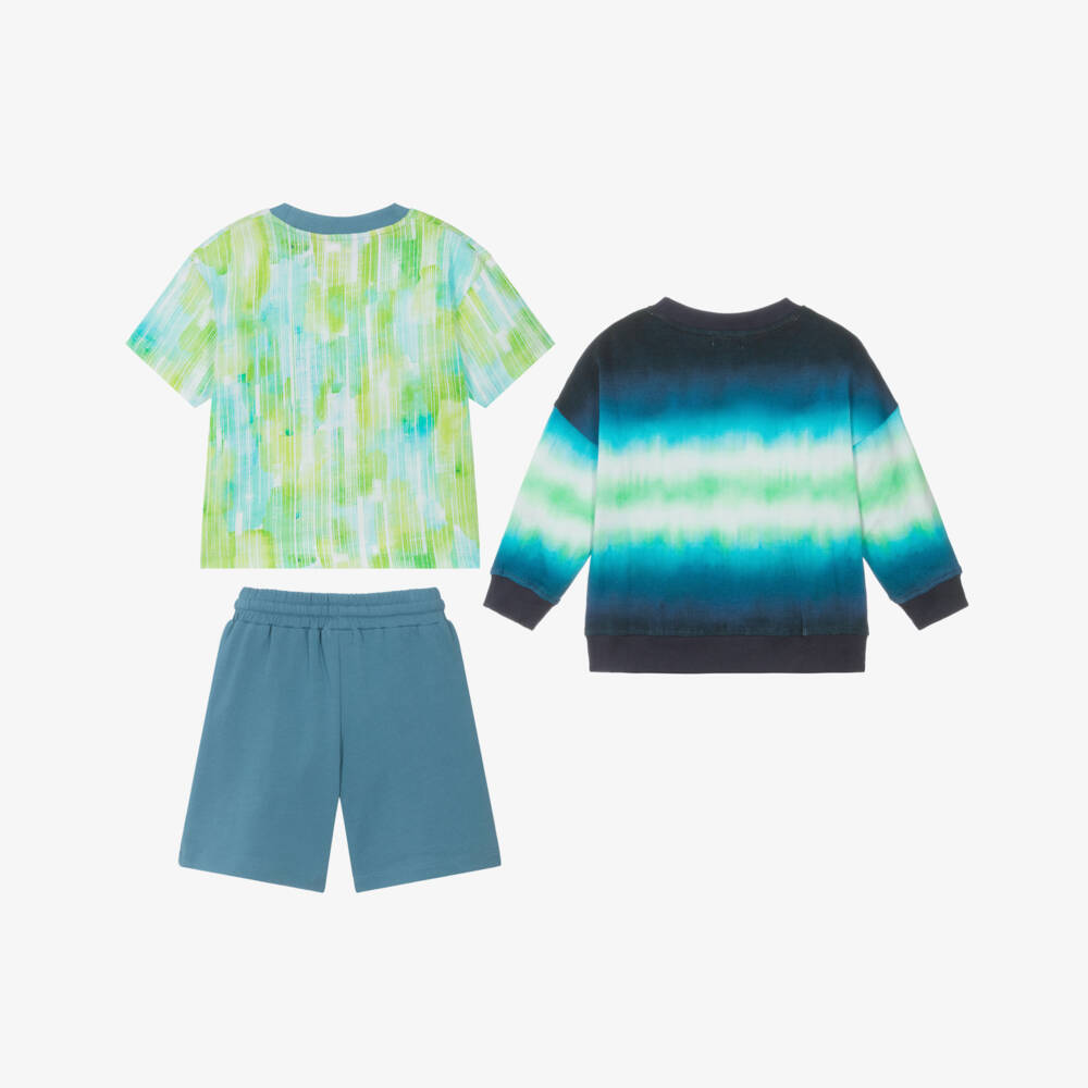 Joyday-Boys Blue & Green Cotton Lightning Bolt Shorts Set | Childrensalon Outlet