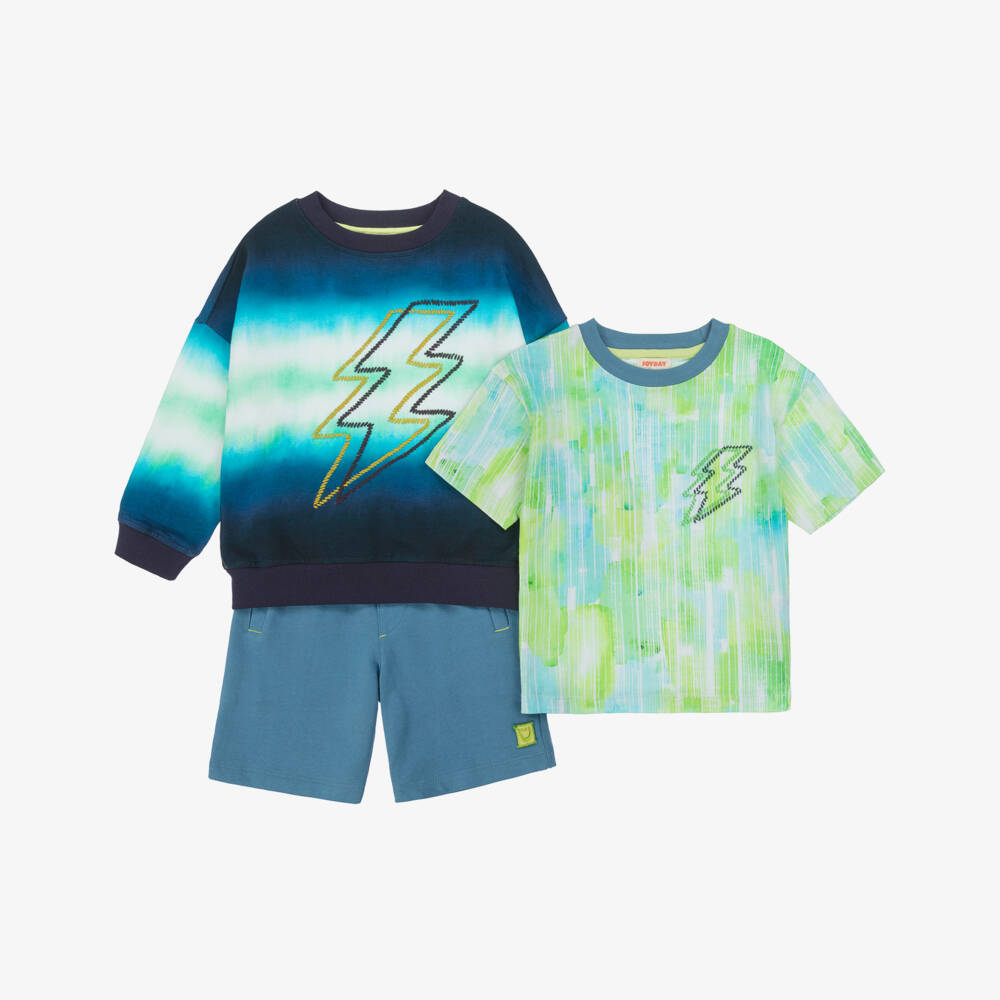 Joyday-Boys Blue & Green Cotton Lightning Bolt Shorts Set | Childrensalon Outlet