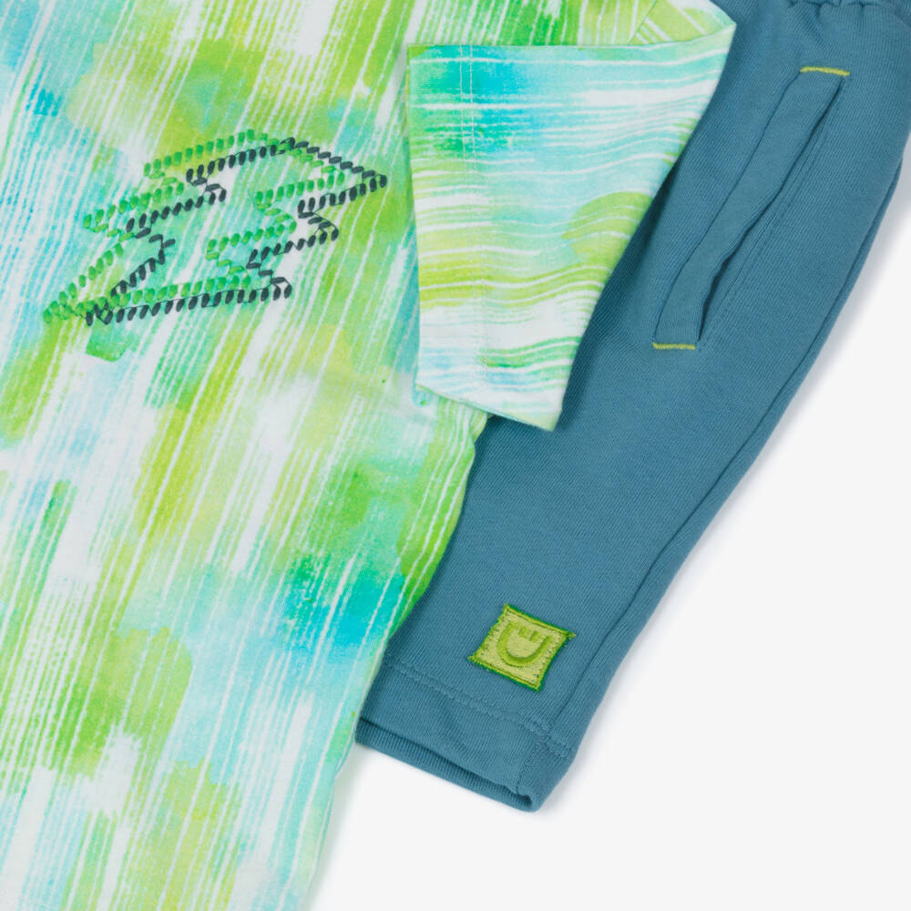 Joyday-Boys Blue & Green Cotton Lightning Bolt Shorts Set | Childrensalon Outlet