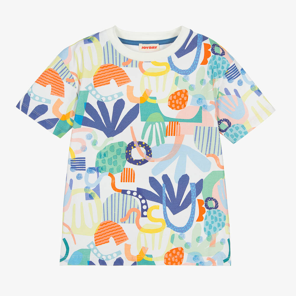 Joyday - Boys White & Blue Cotton T-Shirt | Childrensalon