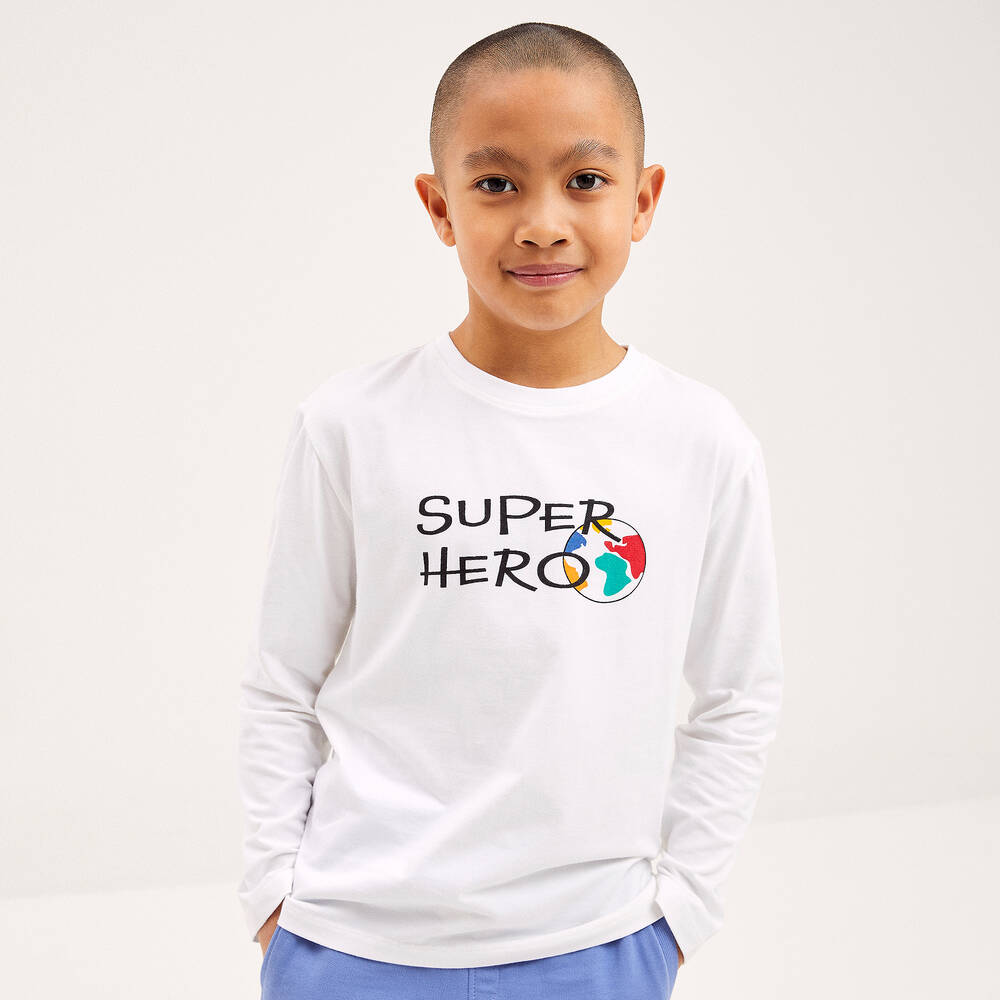Joyday-توب سوبر هيرو قطن جيرسي لون أبيض للأولاد | Childrensalon Outlet