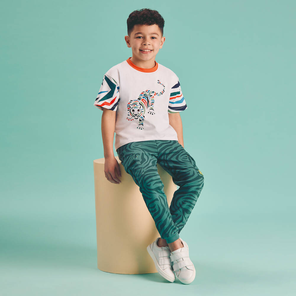 Joyday-تيشيرت أبيض مخطط بنقشة نمر للأولاد | Childrensalon Outlet