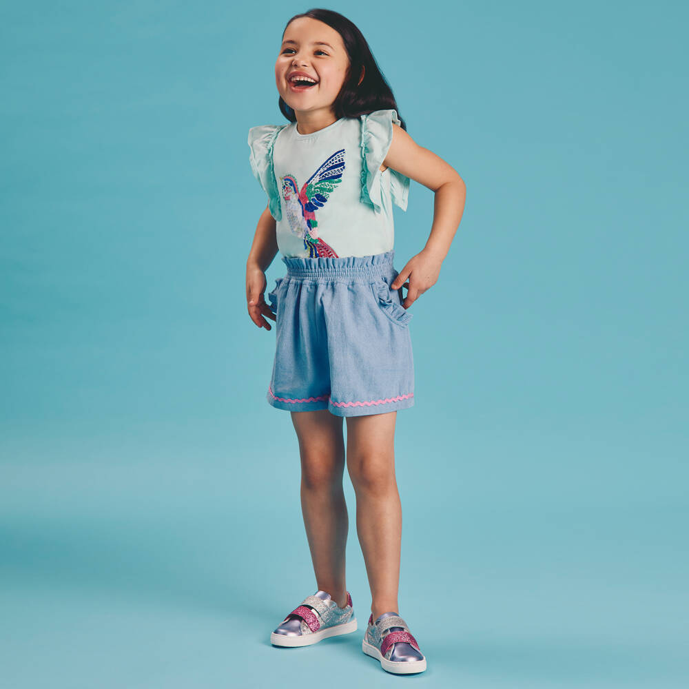 Joyday-تيشيرت أزرق مزين بالترتر للبنات مع طائر | Childrensalon Outlet