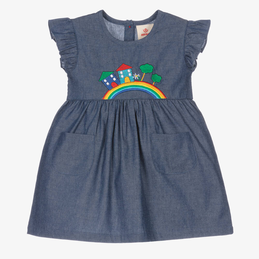 Joyday - Robe en chambray bleu brodée arc-en-ciel fille | Childrensalon