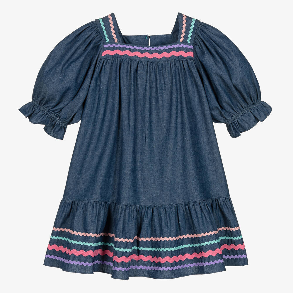 Joyday - Синее платье из шамбре с тесьмой-зигзагом | Childrensalon