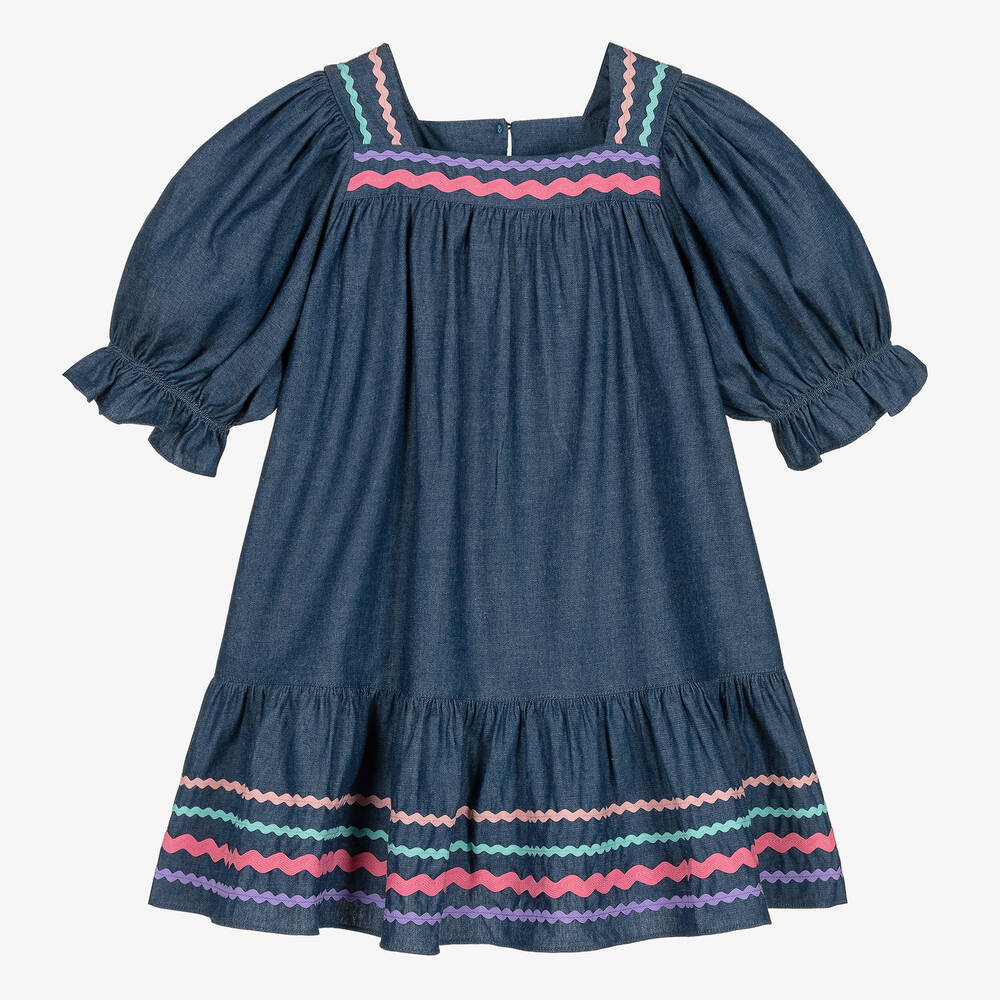 Joyday - Girls Blue Chambray Ric Rac Dress | Childrensalon