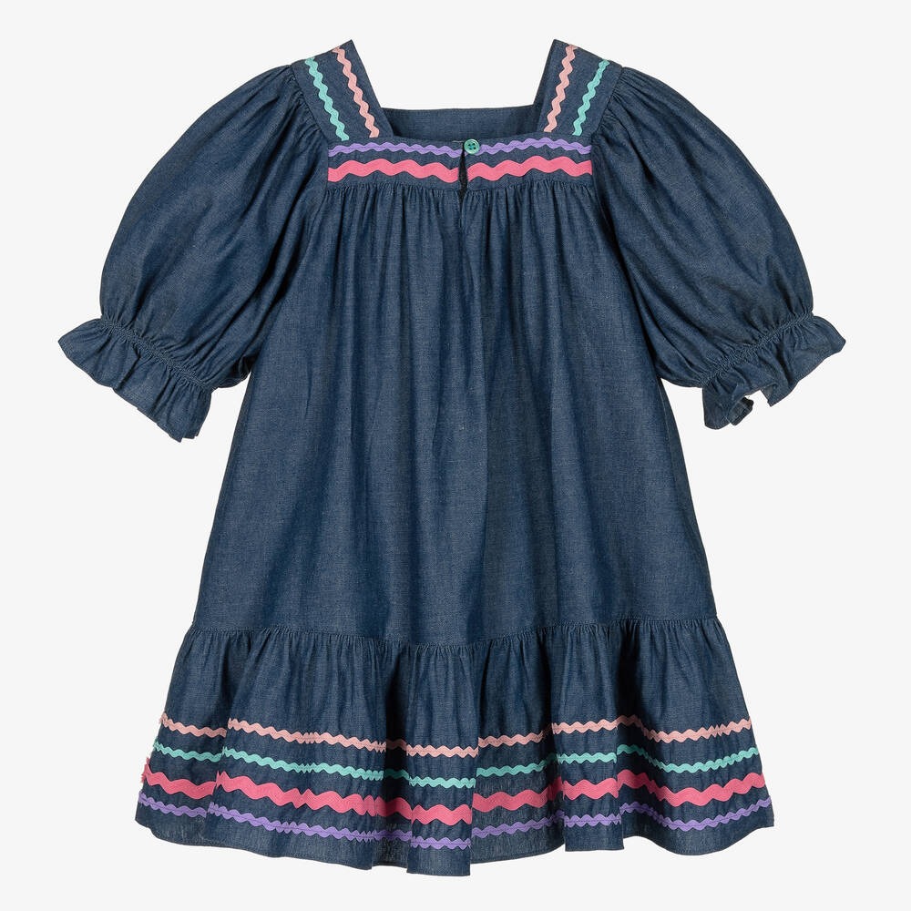 Joyday-Синее платье из шамбре с тесьмой-зигзагом | Childrensalon Outlet