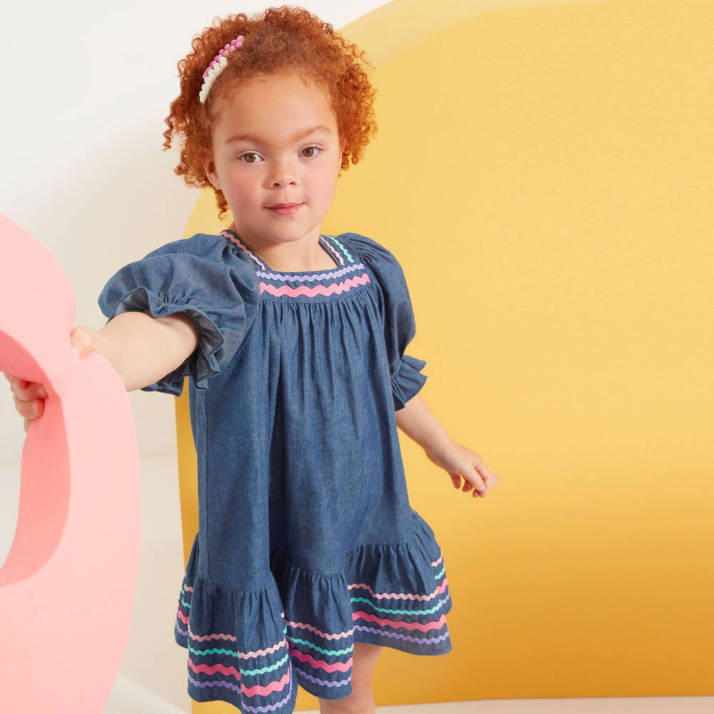 Joyday-Синее платье из шамбре с тесьмой-зигзагом | Childrensalon Outlet