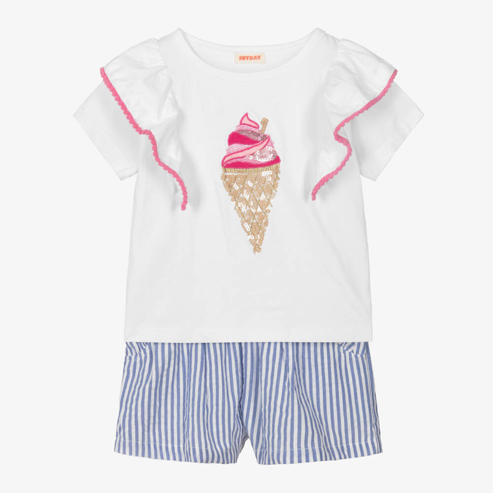 Joyday-Girls Blue & White Stripe Seersucker Shorts Set  | Childrensalon Outlet