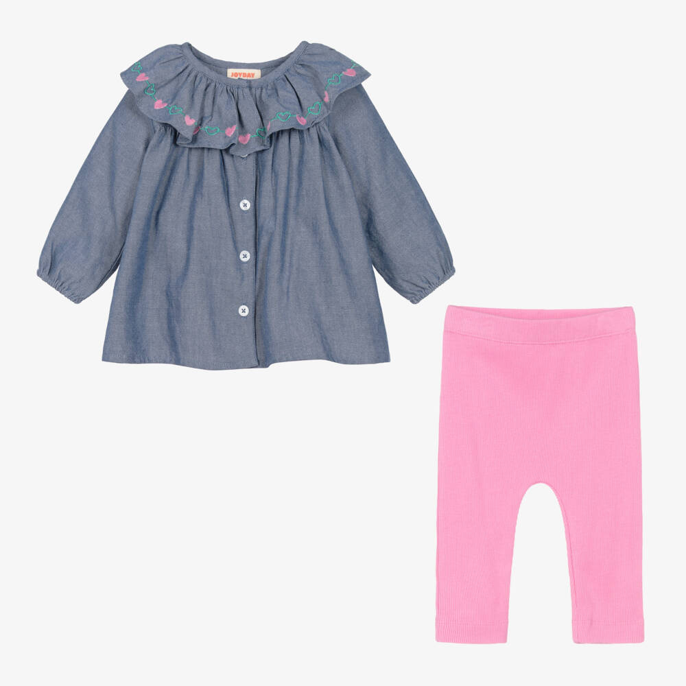 Joyday-Комплект с голубым платьем и розовыми легинсами из хлопка | Childrensalon Outlet