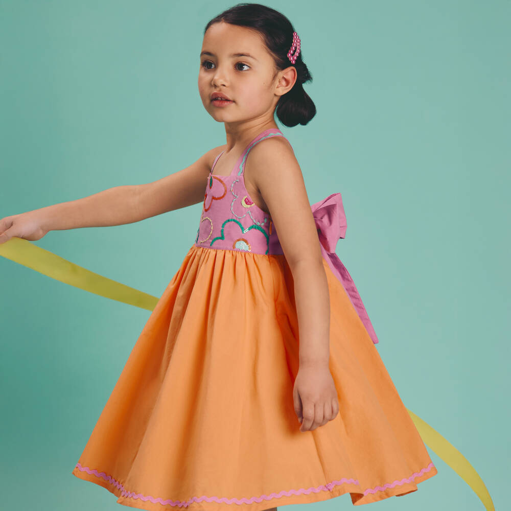 Joyday-فستان وردي وبرتقالي مزين بالزهور للبنات | Childrensalon Outlet
