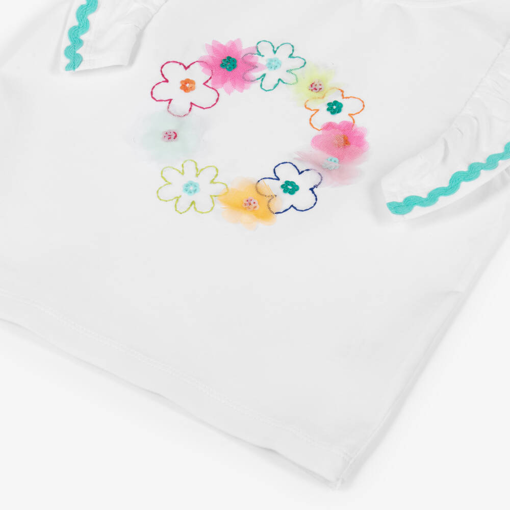 Joyday-Girls Ivory Cotton Embroidered Flower T-Shirt | Childrensalon Outlet