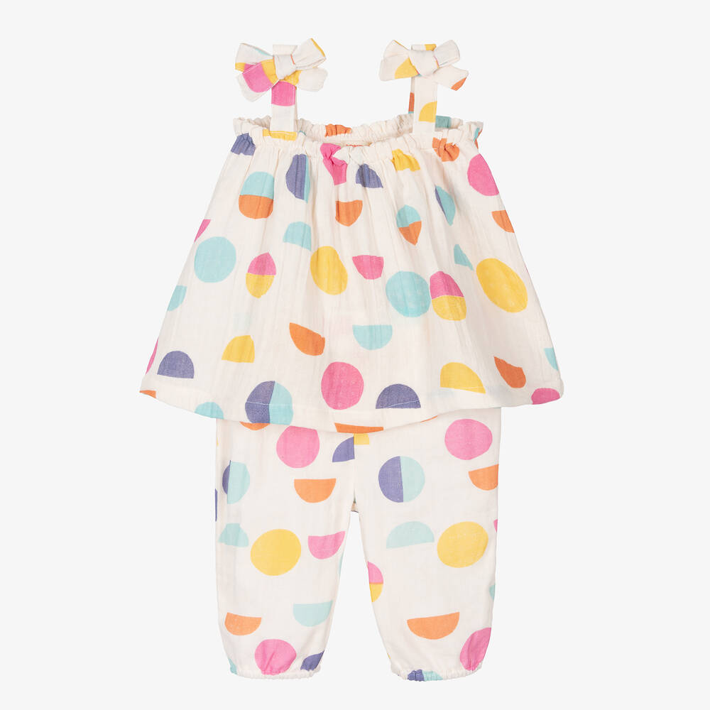 Joyday - Ensemble pantalon ivoire et rose en étamine de coton fille | Childrensalon