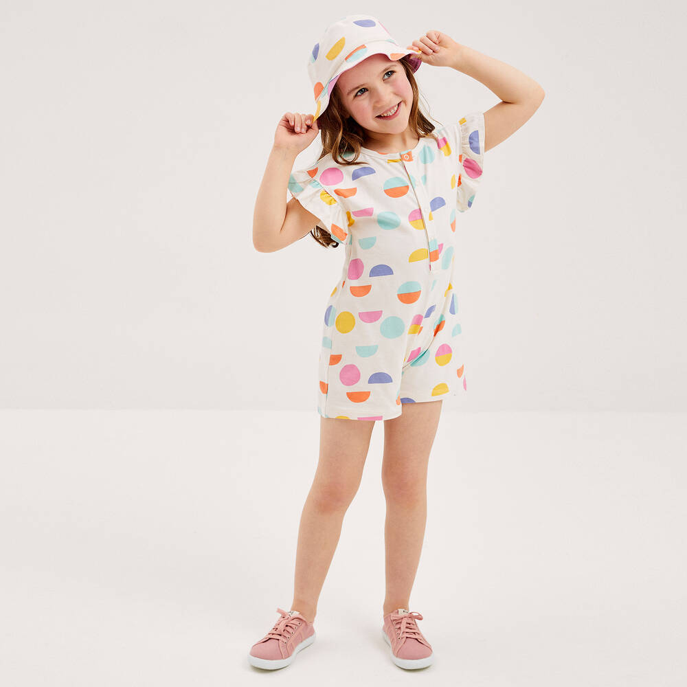 Joyday-Girls Ivory & Pink Cotton Circles Playsuit | Childrensalon Outlet