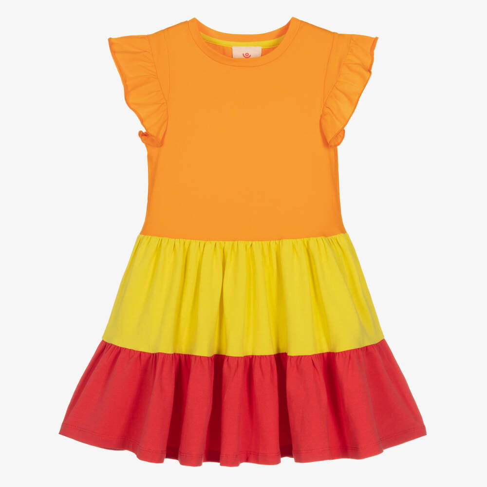 Joyday - Girls Orange & Red Cotton Jersey Dress | Childrensalon