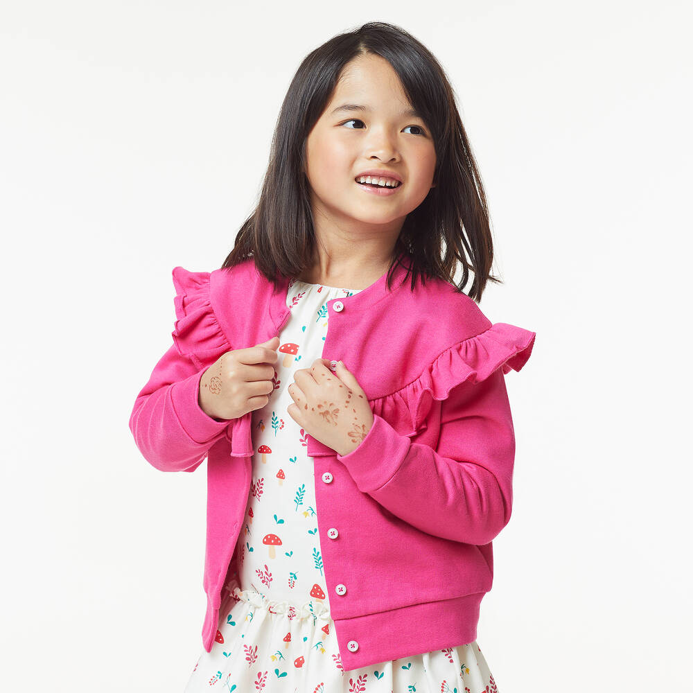 Joyday-Girls Pink Cotton Ruffle Cardigan | Childrensalon Outlet