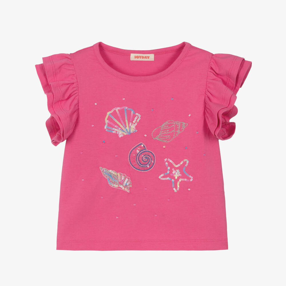 Joyday-Girls Pink Cotton Sequinned Seashell T-Shirt | Childrensalon Outlet