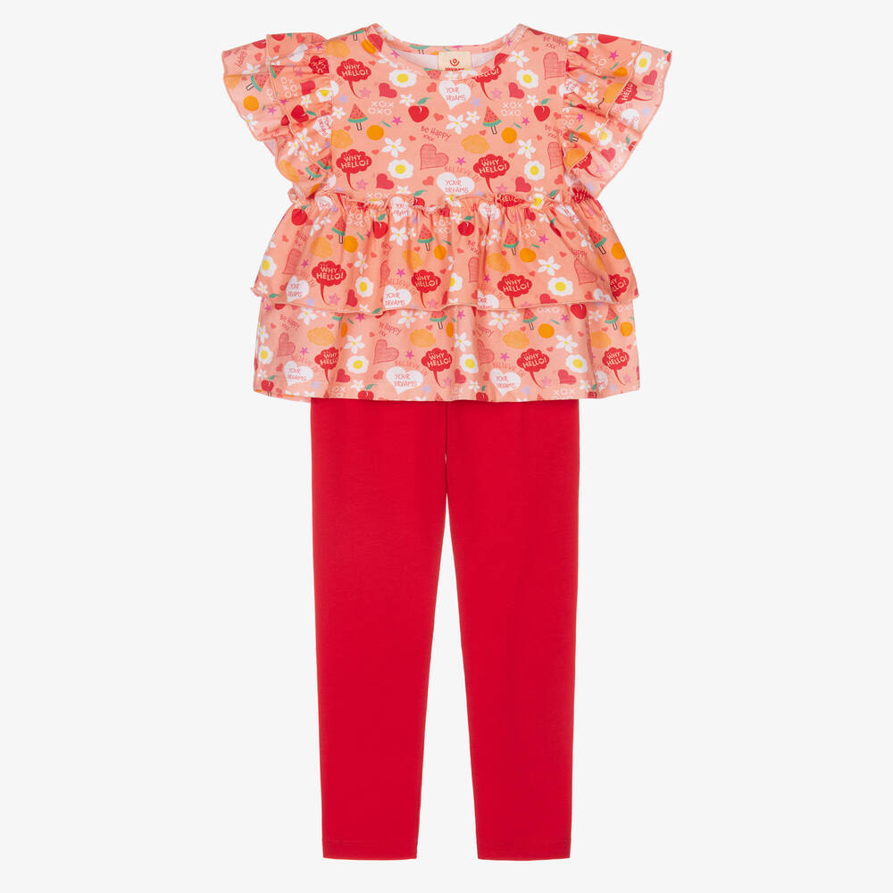 Joyday - Розовая футболка с надписями и красные легинсы из хлопка | Childrensalon