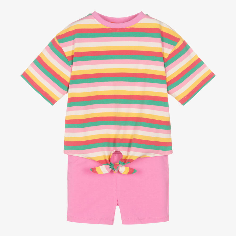 Joyday - Girls Pink Striped Cotton Shorts Set | Childrensalon